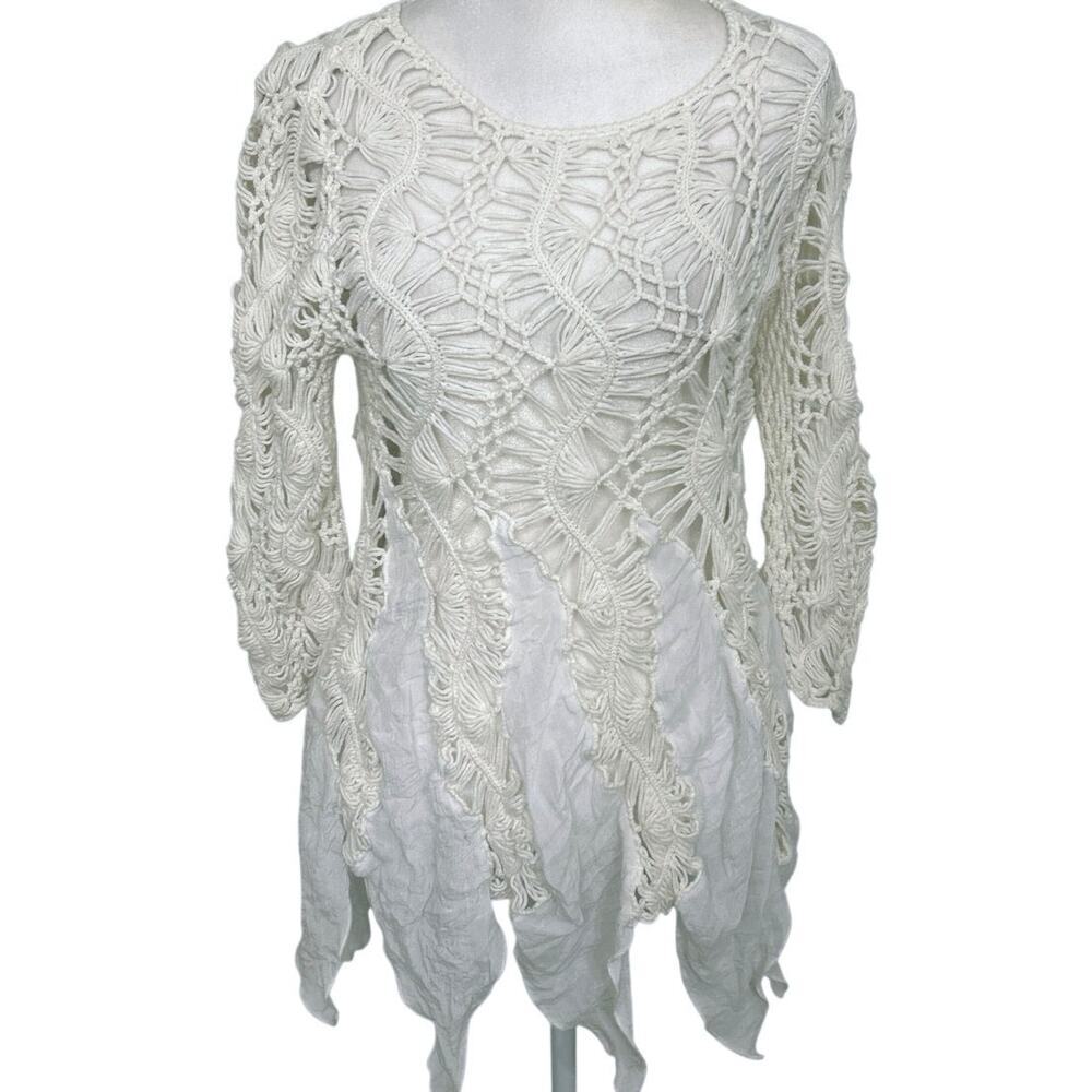 Monroe & Main Ivory Crochet Tunic M Cottage Festival Fairycore Romantic Boho
